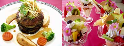 左は揚げナスを重ねた「ハンバーグミルフィーユ」、右はフレッシュフルーツを使った「パフェ」