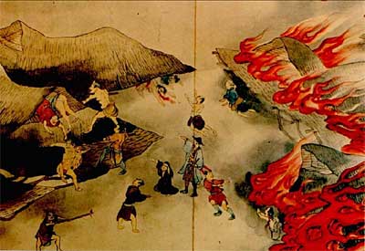 文政11年(1828)に起きた三条大地震で、小泉将其明が今町(今の見附市)の様子を描いた『火中救助の図』