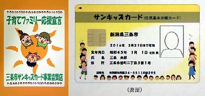左が協賛店に配布する「サンキッズカード協賛店」のステッカー、右が「サンキッズカード」