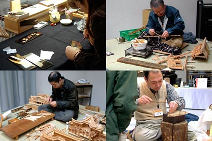 会場で行われている実演のようす、左上から時計回りに蒔絵、下地塗り、木地、金具