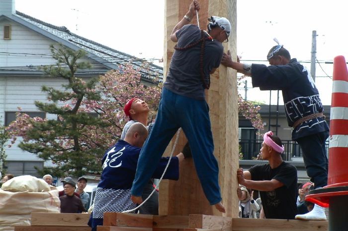 台座に御柱をはめ込む