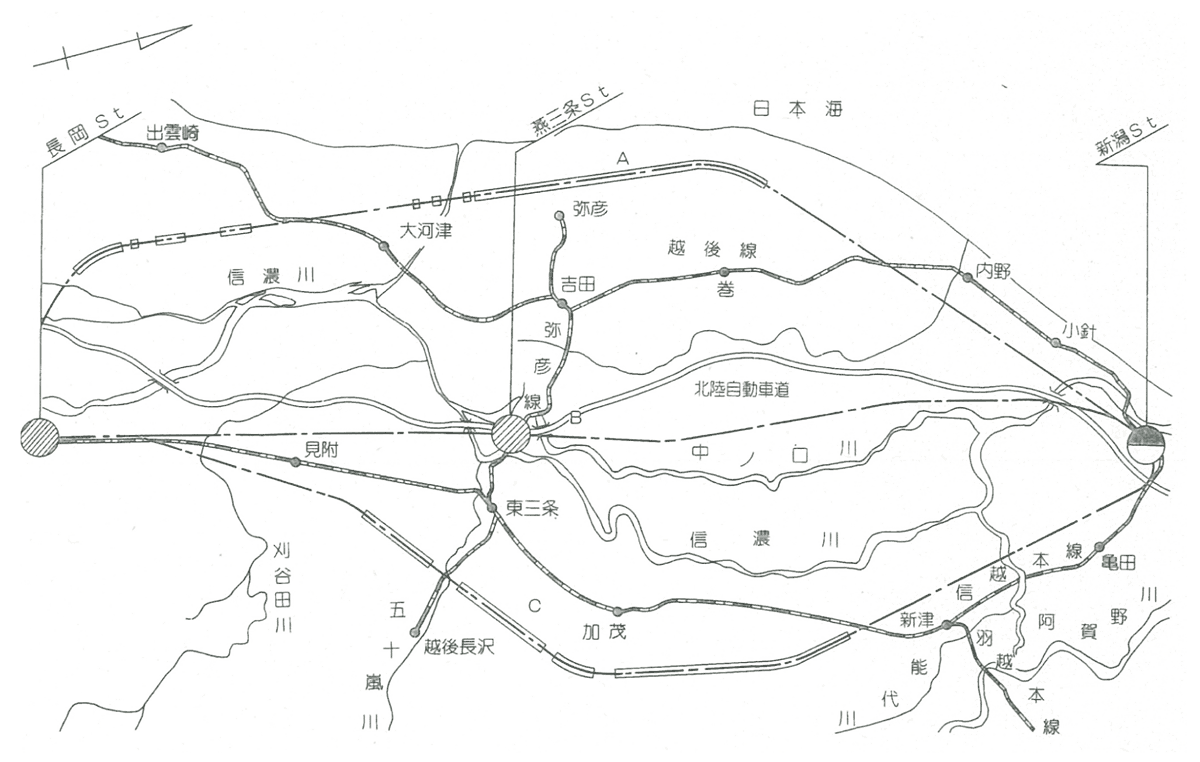 図1　長岡〜新潟のルート案 出典：日本鉄道建設公団新潟新幹線建設局編（1983）、p.22