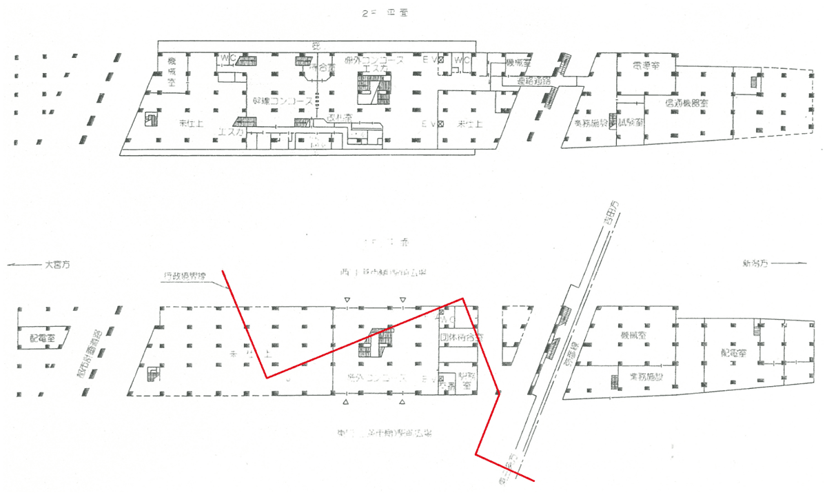 図2　燕三条駅の平面図（建設時） 出典：日本鉄道建設公団新潟新幹線建設局編（1983）、p.869より、市境に色差し加工