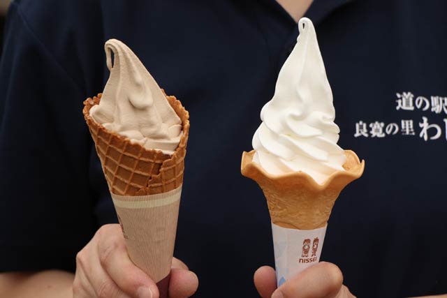 左が新登場の「雪室珈琲ソフトクリーム」、右が「ガンジー牛乳ソフトクリーム」
