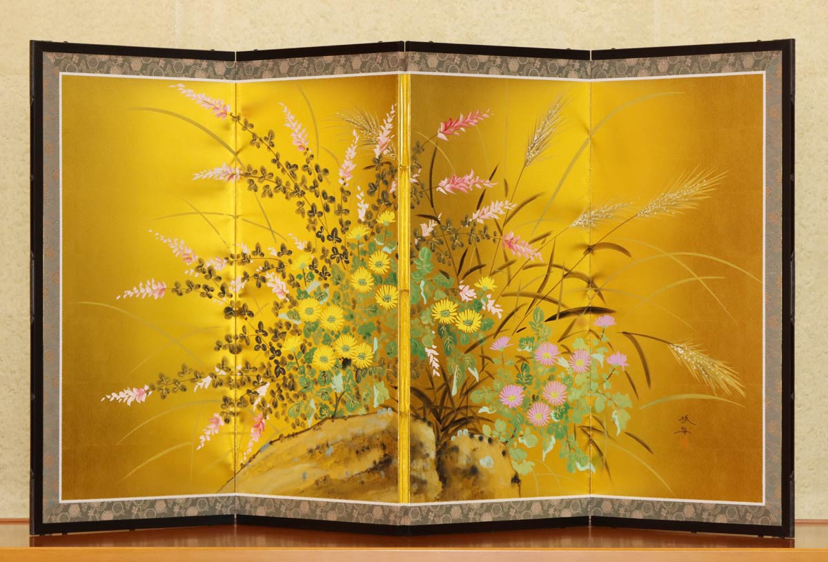 加茂市に寄付された加茂屏風、番場孤舟さんの「秋草」