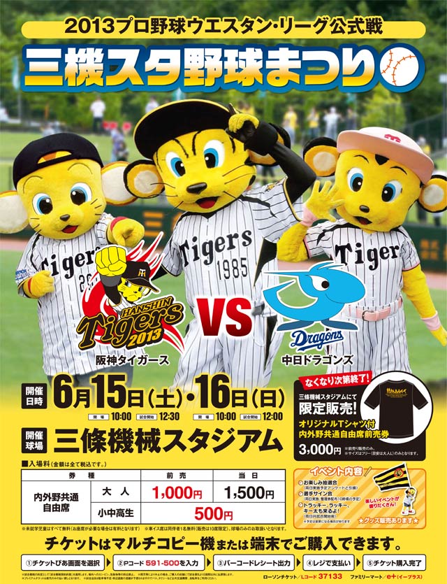 6月15、16の2日間、三條機械スタジアムで2013プロ野球ウエスタン・リーグ公式戦　三機スタ野球まつり「阪神タイガース対中日ドラゴンズ戦」