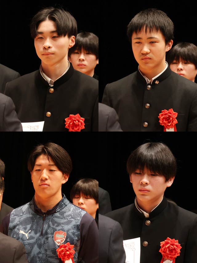 左上から時計回りに櫻田晃良第二中学校3年生(全国中学校体育大会 陸上競技 男子共通400m 準優勝)、小池健太加茂高等学校2年生(全国高校生銃剣道大会 男子個人戦 準優勝)、近藤草助本成寺中学校3年生(少年少女武道(銃剣道)錬成大会 個人錬成 中学3年生の部 敢闘賞(3位相当))、西村圭人福島県尚志高等学校3年生(全国高等学校サッカー選手権大会 第3位)