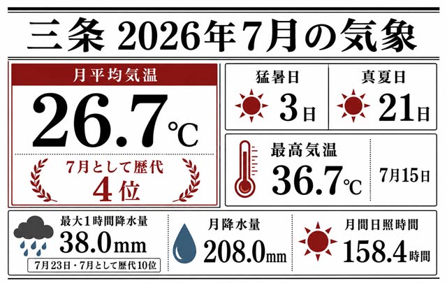 三条の7月平均気温26.7度で観測史上4番目の高さ　猛暑日3日、降水量208ミリ　梅雨明けせずに8月に