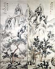 村山半牧の双幅、左が『松下談玄』、右が『秋林愛景』