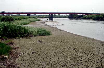 瑞雲橋下流側の露出し、ひび割れた川底