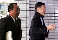 地場産センターへ入る高橋燕市長(左)と高橋三条市長(右)