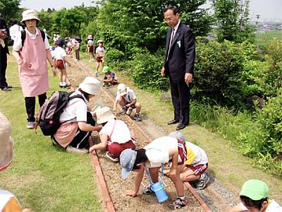 中小企業大学校三条校でひまわりの種まきに励む第2つくし保育園年長児