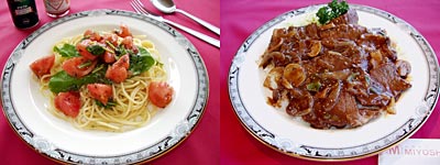「トマトとハーブのスパ」(左)と「ステーキ丼」(右)