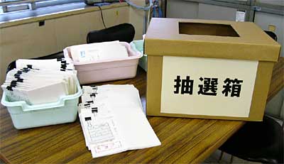 平成15年度第1回「三条市ひまわり債」抽選会の抽選会抽選箱と当選した往復はがき
