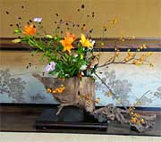 流木と生け花のコラボレーション