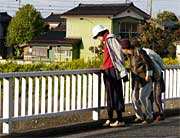 下川原橋からのぞき込むようにサケを見る市民