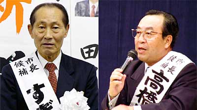 それぞれの個人演説会で決意や政策訴える杉山氏(左)と高橋氏(右)