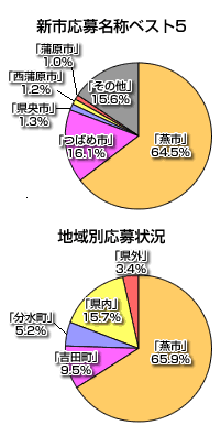 新市応募名称ベスト5と地域別応募状況の円グラフ