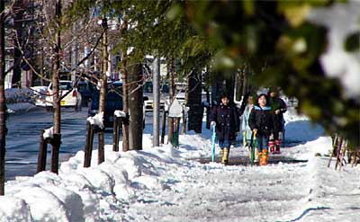 日差しにまぶしく輝く雪に目を細めて三条市厚生会館前を歩いて帰る小学生