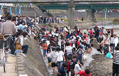 3日、加茂川河川敷で開かれた第18回鮭祭りでごった返す魚のつかみ捕り
