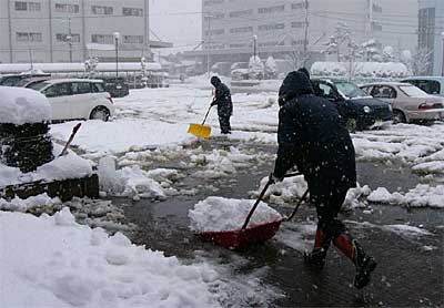 三条市総合福祉センターで駐車場の雪かきに精を出す職員