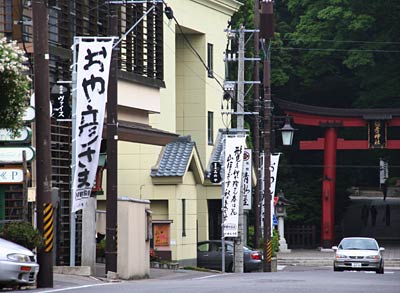 弥彦神社参道に並ぶ県内の書家が揮毫したのぼり旗