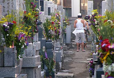 墓参りの13日、盆花で飾られた三条市内の寺の墓地