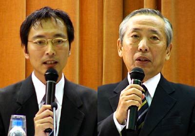 「まちづくりフォーラム～三条市公開討論会」のパネラー、国定氏(左) と山井氏(右)