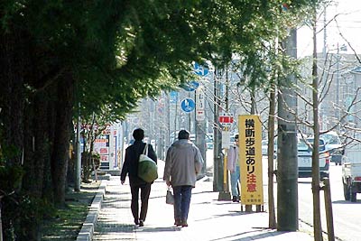30日、快晴の空の下、三条市役所前通りを歩く市民