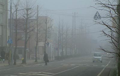 濃い霧に包まれた20日午前8時25分の三条市役所前通り