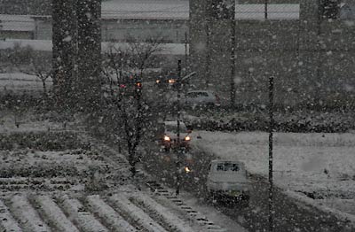 6日午後5時13分の三条市上須頃地内、激しく降るぼたん雪