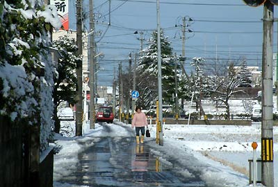 3月下旬とは思えない雪景色となった20日の三条市厚生福祉会館わきの道路