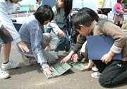 興味津々で自分の手で橋名板をさわって確かめる児童