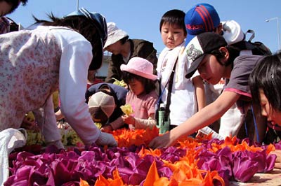 30日、燕市大曲河川公園で行われたチューリップの花絵制作