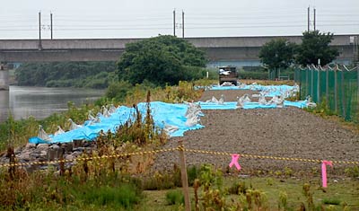  クラックが発生した信濃川左岸、三条・燕総合グラウンド付近の低水護岸でクラック部分を覆うブルーシート