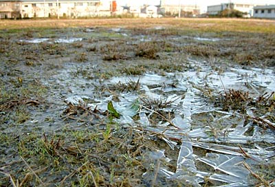 午前8時10分ころ、三条市興野1地内の水たまりに張った氷