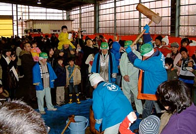 30日、きむら食品で開かれた「うさぎもち☆感謝祭」のもちつき大会