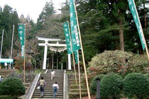 20日に第42回雪椿まつり大園遊会が開かれる加茂山公園には「祝雪椿まつり」とあるのぼりた立つ