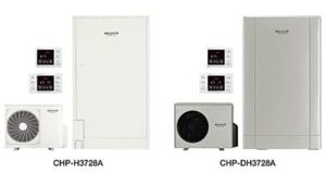 コロナが7月下順に発売する薄型・省スペースの戸建住宅用エコキュート「2缶式370Lフルオート」のホワイト「CHP-H3728A」（左・850,500円）とシルバー「CHP-DH3728A」（右・892,500円）