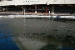 8日午前10時ころ、薄氷の張った三条市厚生福祉会館駐車場の池