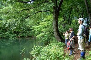 吉ヶ平歴史散策ツアーで三条市下田地区山中の奥地、吉ヶ平の手つかずの初夏の自然のなかで13人が歴史散策