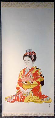 娘を描いて軸装にした「ひかる七歳」