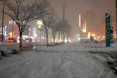 18日夜、燕市井土巻3付近で歩道に積もった雪