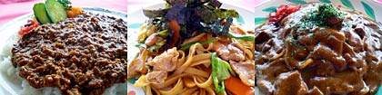 左からミートソース丼、焼きそば風パスタ、カレースパゲティで、いずれも800円