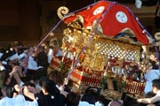拝殿へ勢いよく駆けあがる神輿