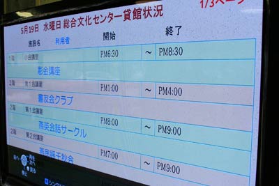 きょうの貸館状況をスライドショーの要領で1ページずつ表示する