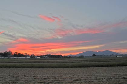 1日の三条市須頃地内の櫓田と夕焼け