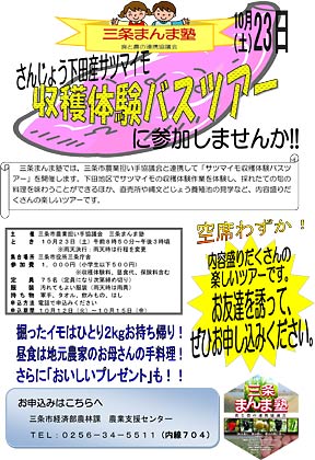 さんじょう下田産サツマイモ収穫体験バスツアーのちらし