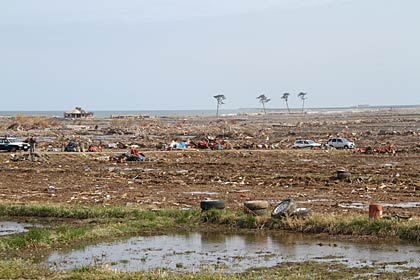 建物が津波で流されてがれきだけが残る海岸部