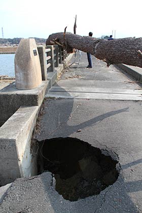 真島橋の欄干に引っかかる大木と手間に陥没した穴